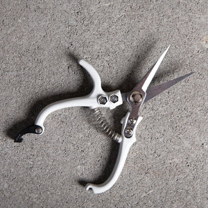 Pair of bonsai pruning shears on a gray concrete surface.